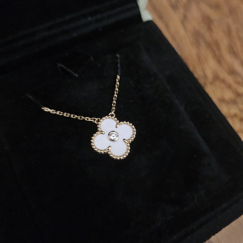 Van Cleef & Arpels Gold and White Clover Necklace